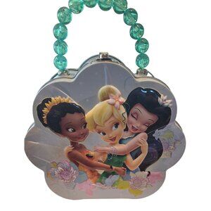 Disney Mini Tin Box Co Tinkerbell and Friends 6 x 6 1/2 x 3 Beaded Handle Clean